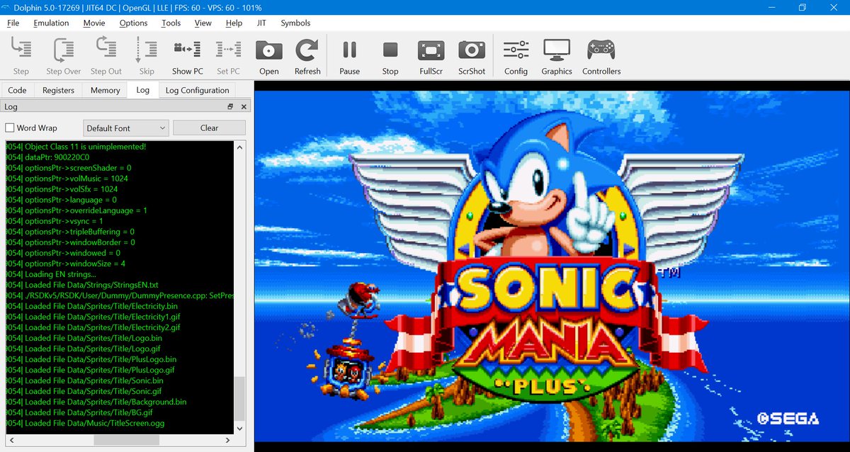 A screenshot of the Sonic Mania title screen running in the Dolphin emulator, with the game's output log visible.