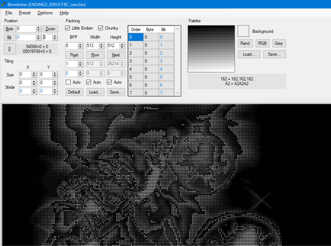 A view of the decompressed graphics data, inside a binary data visualizer.