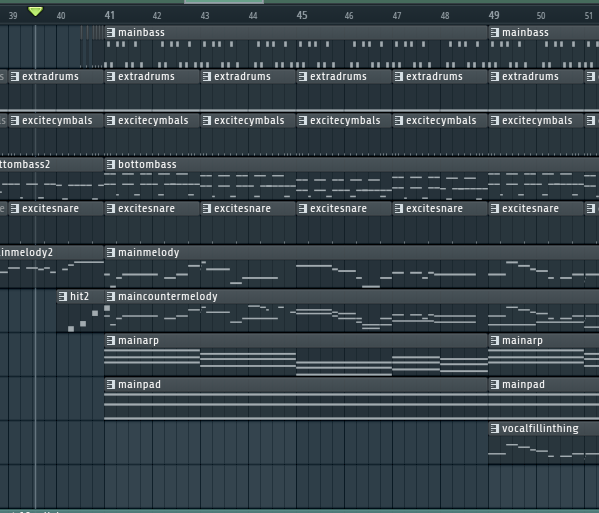 A screenshot of FL Studio, showing the arrangement layout of my track for this game.