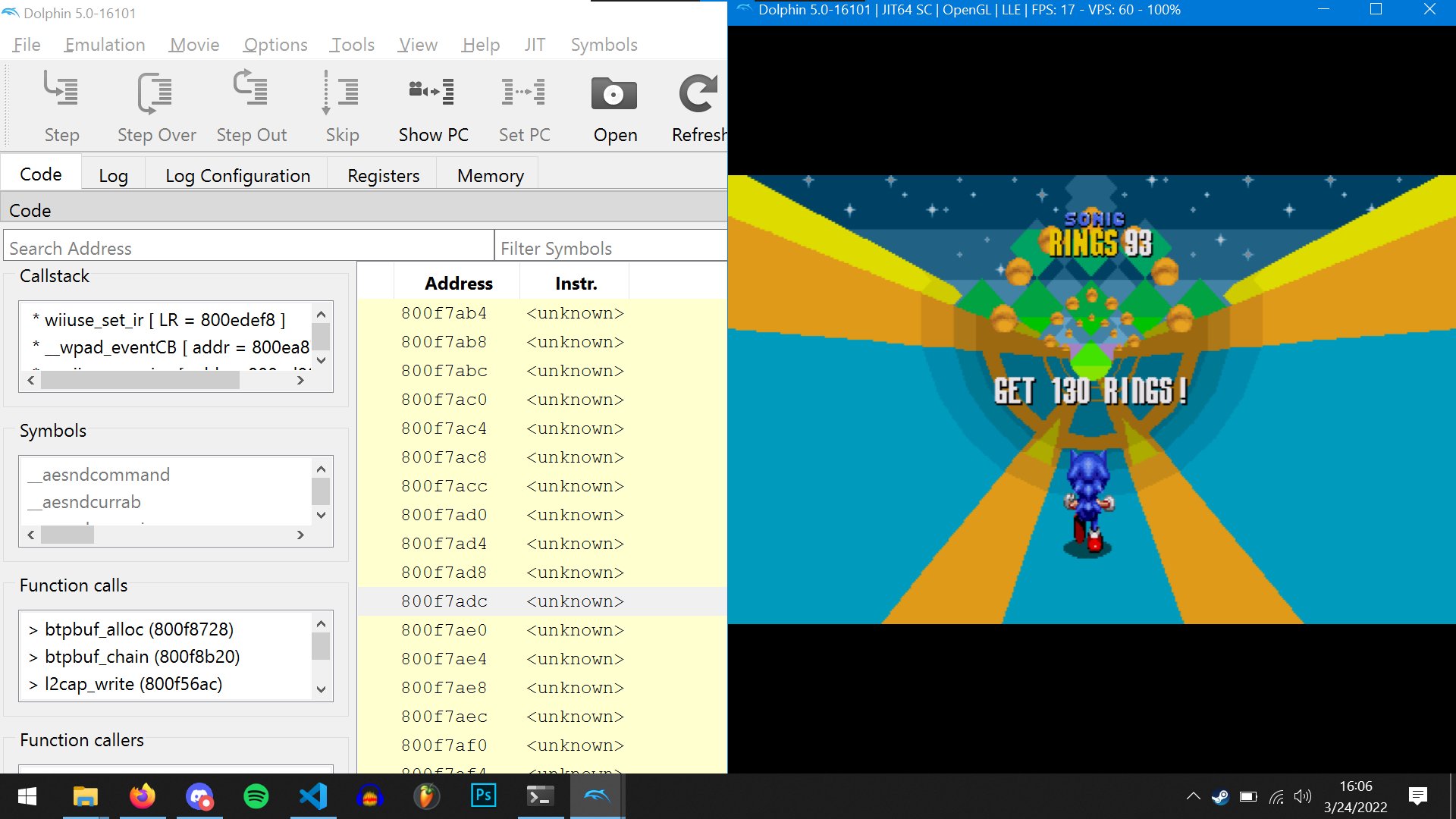 A screenshot of Retro Engine v4 running in the Dolphin emulator, with assembly debugger visible.