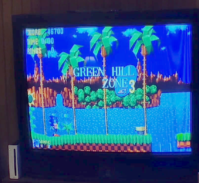 A picture of the start of Green Hill Zone Act 3, displayed on a CRT connected to a Wii.